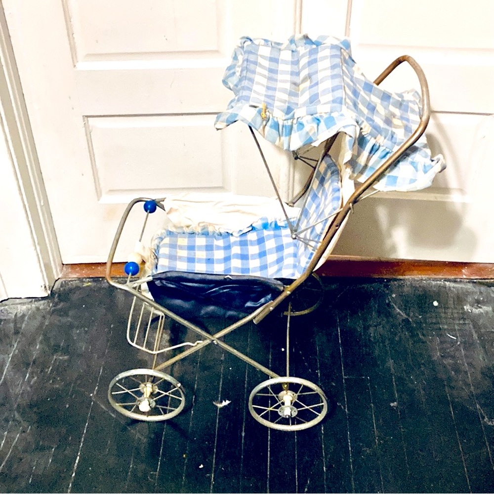Vintage Blue White Checkered Metal Baby Doll Stroller